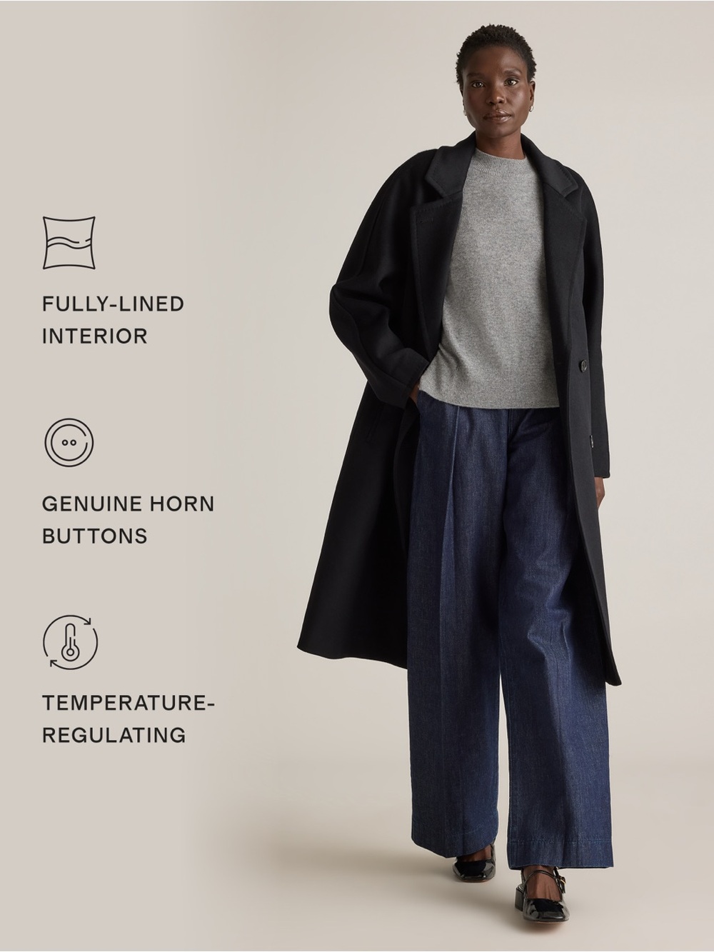 Quince Italian Wool Double-Breasted Slouch Coat XS BLACK